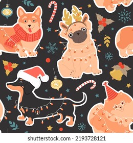 Seamless pattern of cute dogs and Christmas elements. Modern flat illustration for wrapping paper.