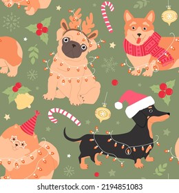 Seamless pattern of cute dogs and Christmas elements. Modern flat illustration for wrapping paper.