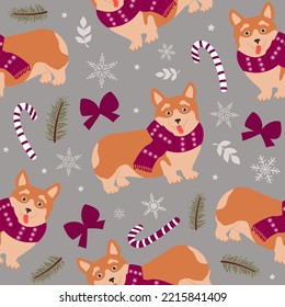 Seamless pattern of cute dogs and Christmas elements. Modern flat illustration for wrapping paper.