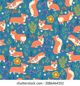 Seamless pattern of cute dogs of the Corgi breed with flowers. Vector graphics.