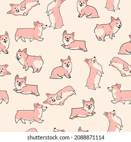 Seamless pattern with cute dogs of the Corgi breed. Vector graphics.