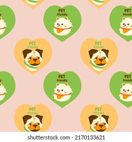 Seamless pattern with cute dogs. Corgi and jack russell terrier in heart and dog friendly text Cartoon vector illustration for kids room, pet hotel or zoo market