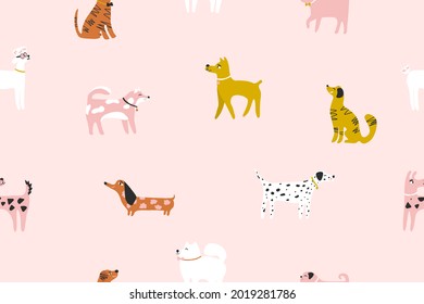 Seamless pattern with cute dogs: dachshund, terrier, doberman, samoyed, poodle, akita inu, labrador, dalmatian. Animal pattern for kids textile, nursery decor, fabric, wrapping paper. Vector.