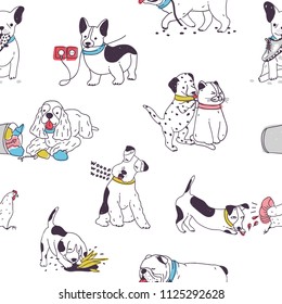 Seamless pattern with cute dogs demonstrating bad habits and behavior. Backdrop with naughty domestic animals, mischievous pets. Colorful hand drawn vector illustration for wrapping paper, wallpaper.