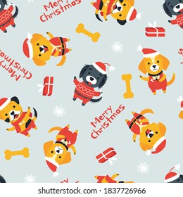 Seamless pattern of cute dogs of different breeds in Christmas costumes. Funny cartoon character. Dogs in red caps and clothes dressed up for the holiday. Flat cartoon vector illustration.