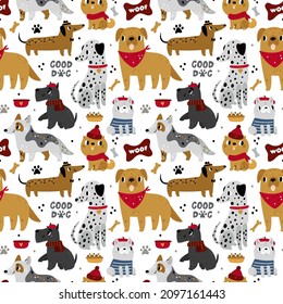 Seamless pattern cute dogs. Different breeds puppies, nursery prints, funny childish drawing, backdrop with scandinavian style pets. Decor textile, wrapping paper, vector