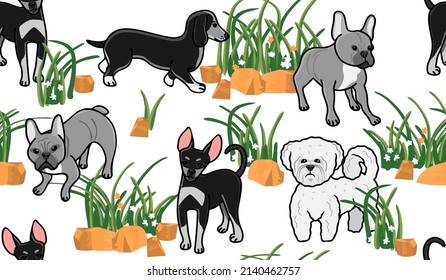 Seamless pattern with cute dogs of different breeds,meadow grass and stones in cartoon.Childish background and texture for printing on fabrics and paper.Hand drawn vector isolated illustration. 