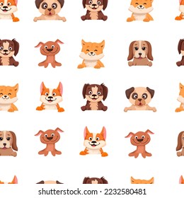 Seamless pattern with cute dogs of different breed. Colorful childish texture with pets for fabric, textile, wrapping paper. Vector cartoon Illustration