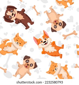 Seamless pattern with cute dogs of different breed. Colorful childish texture with pets for fabric, textile, wrapping paper. Vector cartoon Illustration