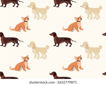 Seamless pattern with cute dogs of different breeds in different poses, on a white background. Vector illustration. Great design for packaging, wrapping paper, textile, background, wallpaper, etc.