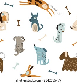 Patrón sin foco con perros lindos al estilo de doodle sobre un fondo blanco.