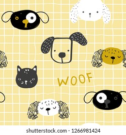 Seamless pattern with cute dogs faces. Kids hand drawn print. Vector illustration.