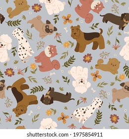 Seamless pattern with cute dogs and flowers. Vector graphics.