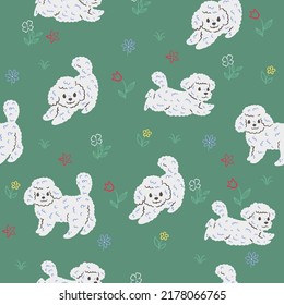 Seamless pattern with cute dogs and flowers. Vector graphics.