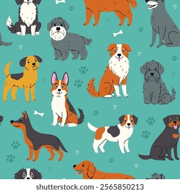 Seamless pattern with cute dogs, footprints and bones on a green background. Vector graphics.