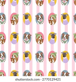 Seamless pattern with cute dogs in a frame, on a striped background