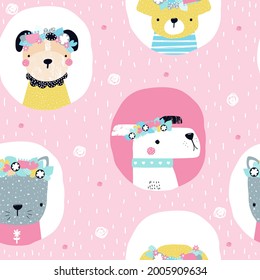 Seamless pattern with cute dogs. Girlish pink print. Vector hand drawn illustration.