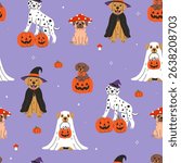 Seamless pattern with cute dogs in Halloween costumes. Vector graphics.