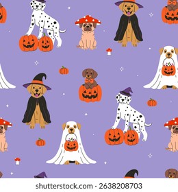 Seamless pattern with cute dogs in Halloween costumes. Vector graphics.