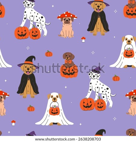 Seamless pattern with cute dogs in Halloween costumes. Vector graphics.