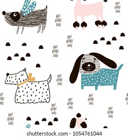 Seamless pattern with cute dogs and hand drawn elements. Creative childish texture. Great for fabric, textile Vector Illustration