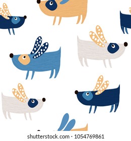 Seamless pattern with cute dogs and hand drawn elements. Creative childish texture. Great for fabric, textile Vector Illustration