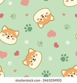 Seamless pattern with cute dogs, hearts and paws. Vector illustration on a green background. Cartoon style flat design. Concept for children print.