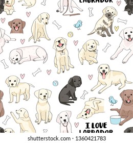 seamless pattern with cute dogs labrador retriever on white background, vector illustration. Good for design shop pets, textile, t-shirt for scrapbooking