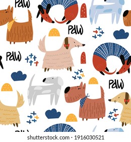 Seamless pattern with cute dogs on a white background. Creative kids hand drawn texture for fabric, wrapping, textile, wallpaper, apparel. Vector illustration