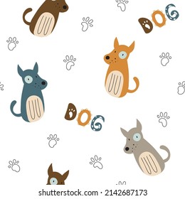 Patrón sin foco con perros lindos sobre fondo blanco. Para decorar textiles y productos de papel