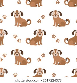 Seamless pattern of cute dogs. Cute dogs seamless pattern with paw prints. Cute background for kids.	