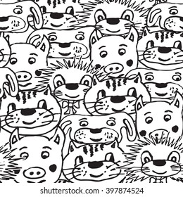 seamless pattern with cute dogs, pigs, hedgehog and cats