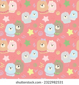 Seamless pattern with cute dogs in pink colors. Abstract pattern with puppies and stars for kids, wallpaper, digital paper. Vector illustration for background with pets.