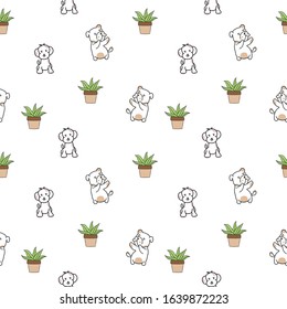 seamless pattern cute dogs plant doodle vector