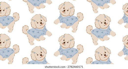 Seamless pattern with cute dogs in playful hand-drawn style. Adorable pet illustration for textile, wrapping paper, wallpaper, fabric and stationery design.