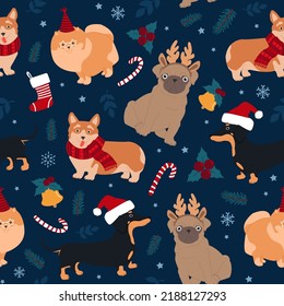 Seamless pattern of cute dogs pug, corgi, pomeranian, dachshund and christmas elements. Modern flat illustration.