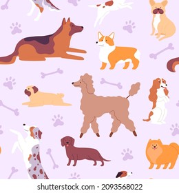 Seamless pattern with cute dogs and puppies in scandinavian style. Print with doodle poodle, pug, corgi and german shepherd vector texture. Corgi and puppy, bulldog and terrier illustration