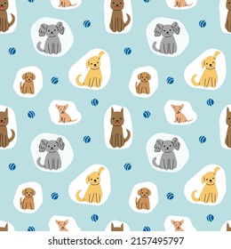 Seamless pattern with cute dogs and puppies. Vector illustration on blue background. For wrapping, cards, prints. 