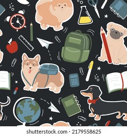 Seamless pattern of cute dogs and school elements - globe, paper clips, backpack, paper planes, pens, books, notebooks. Baby vector illustration.