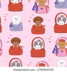 Seamless pattern with cute dogs sitting in handbags. Vector graphics.