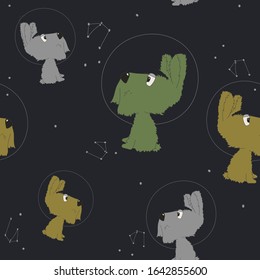 Seamless pattern with cute dogs in space. Pet animal astronauts in helmets. Seamless background for kids design, wrapping paper, wallpaper, textile, apparel, fabric. Hand drawn vector illustration