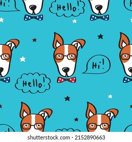 Seamless pattern with cute dogs and stars for gift wrap, kids textile or book covers, wallpapers and scrapbook. Vector