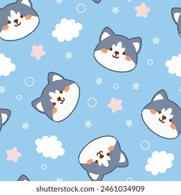 Seamless pattern with cute dogs, stars and clouds. Vector illustration on a blue background. Cartoon style flat design. Concept for children print.