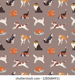 Seamless pattern with cute dogs of various breeds playing, running, walking, sitting, sleeping. Backdrop with adorable cartoon pet animals on grey background. Flat cartoon vector illustration.