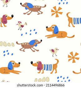 Seamless pattern with cute dogs. Vector print with cartoon abstract animals in Scandinavian style for children's textiles, fabric, wrapping paper and wallpaper