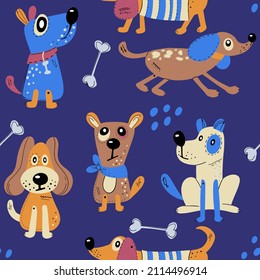 Seamless pattern with cute dogs. Vector print with cartoon abstract animals in Scandinavian style for children's textiles, fabric, wrapping paper and wallpaper