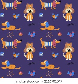 Seamless pattern with cute dogs. Vector print with cartoon abstract animals in Scandinavian style for children's textiles, fabric, wrapping paper and wallpaper.