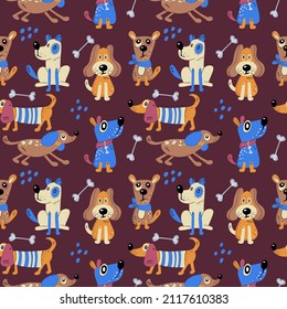 Seamless pattern with cute dogs. Vector print with cartoon abstract animals in Scandinavian style for children's textiles, fabric, wrapping paper and wallpaper