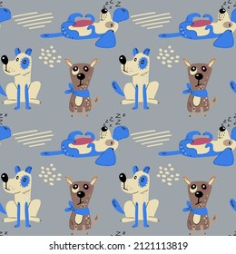 Seamless pattern with cute dogs. Vector print with cartoon abstract animals in Scandinavian style for children's textiles, fabric, wrapping paper and wallpaper.