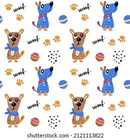 Seamless pattern with cute dogs. Vector print with cartoon abstract animals in Scandinavian style for children's textiles, fabric, wrapping paper and wallpaper